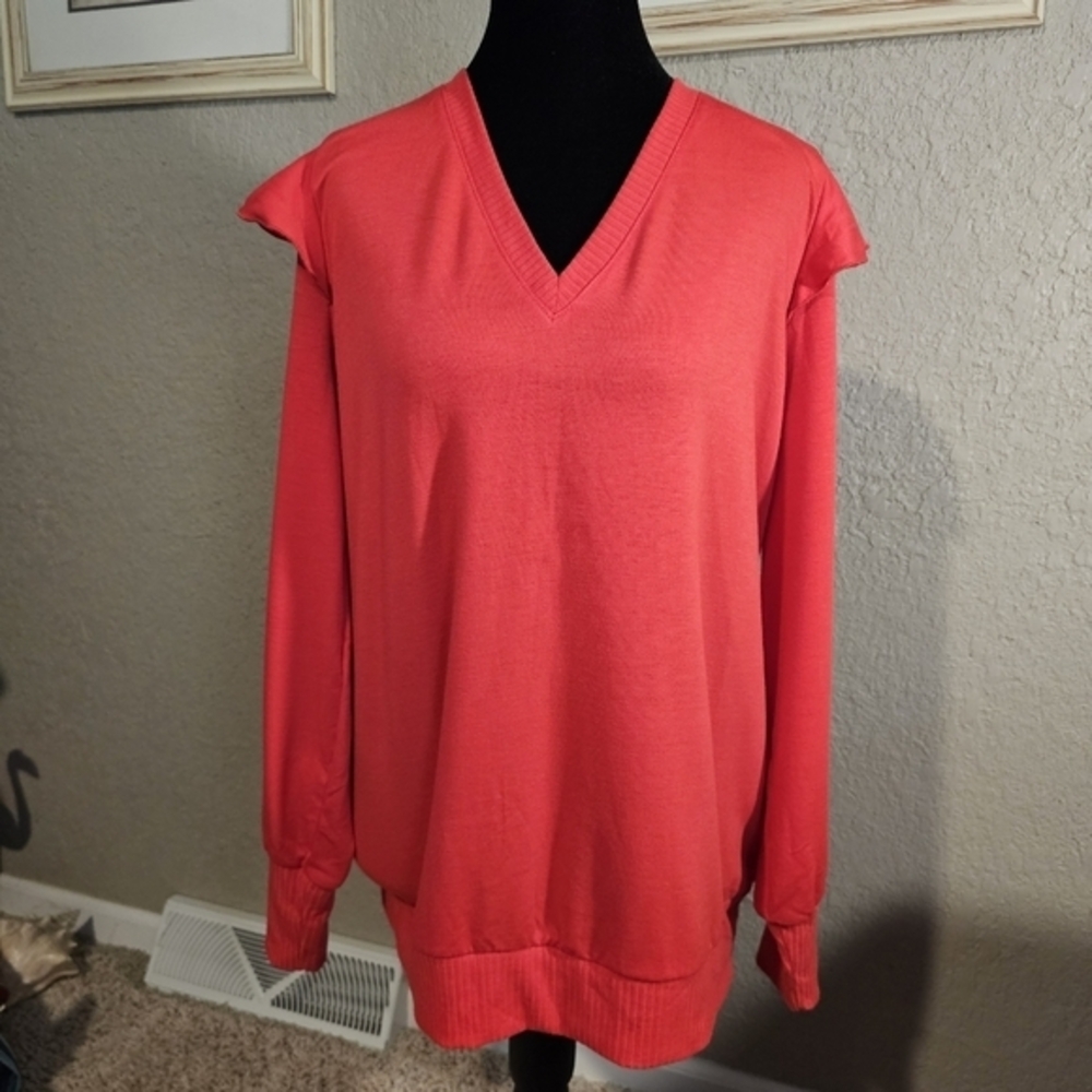 Torrid Red Ruffle‎ Shoulder V-Neck French Terry Pullover Top 00 M/L 10